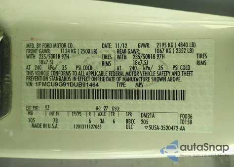 2013 Ford Escape Se from USA, damaged, VIN 1FMCU9G91DUB91464